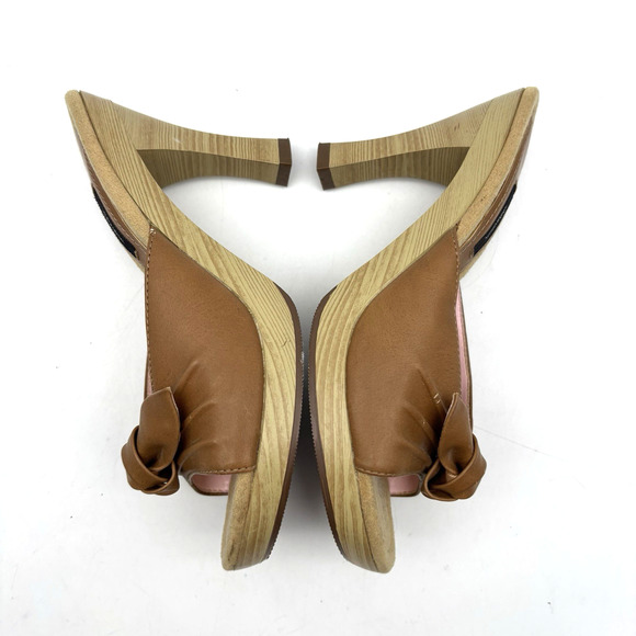 Vintage 00s Y2K Xhilaration Tan Faux Leather Wooden Block Heel Open Toe Pumps 8 - Picture 14 of 16